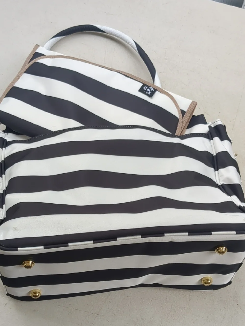 Ju-Ju-Be Black and White Striped Diaper Bag Tote with Gold Hardware
